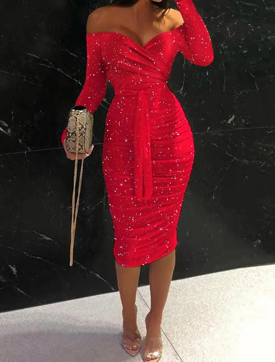 Wholesale Sheath / Column Party Dresses Sparkle & Shine Dress Wedding Guest Party Wear Knee Length Long Sleeve Off Shoulder Polyester with Sequin Pure Color